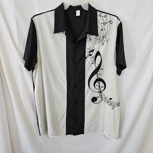 #0245 CHICYEA Mens XL Music Notes Treble Clef Bowling Camp Shirt Black White